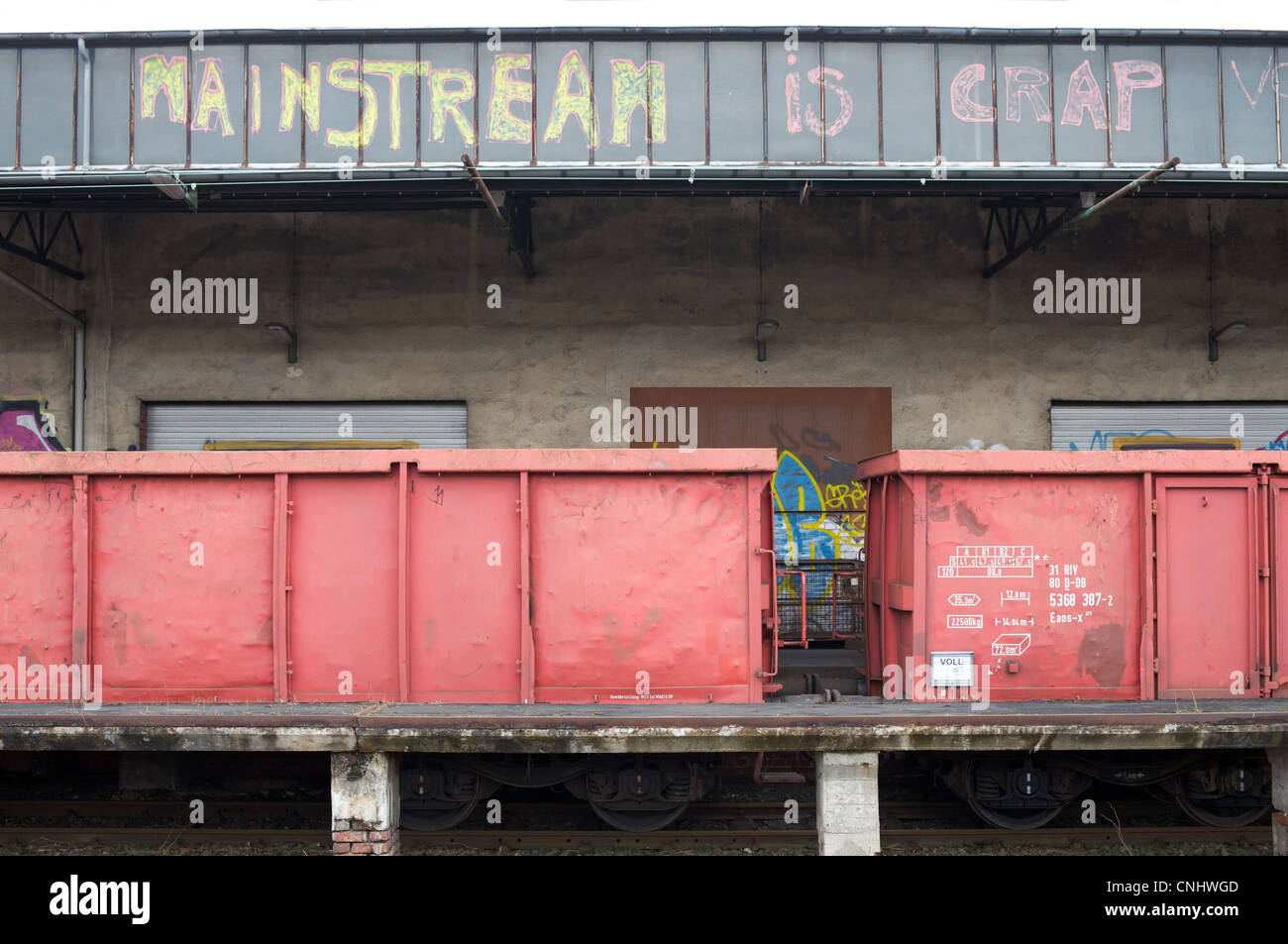 Graffiti 'Mainstream is crap' railway sidings Germany Stock Photo