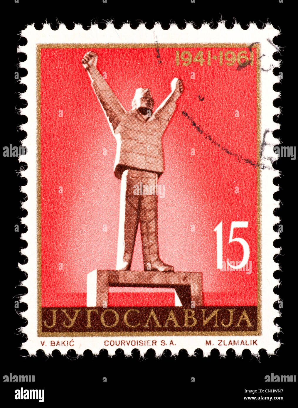 Postage stamp from the former Yugoslavia depicting the Stevan Filipovic statue in Valjevo. Stock Photo