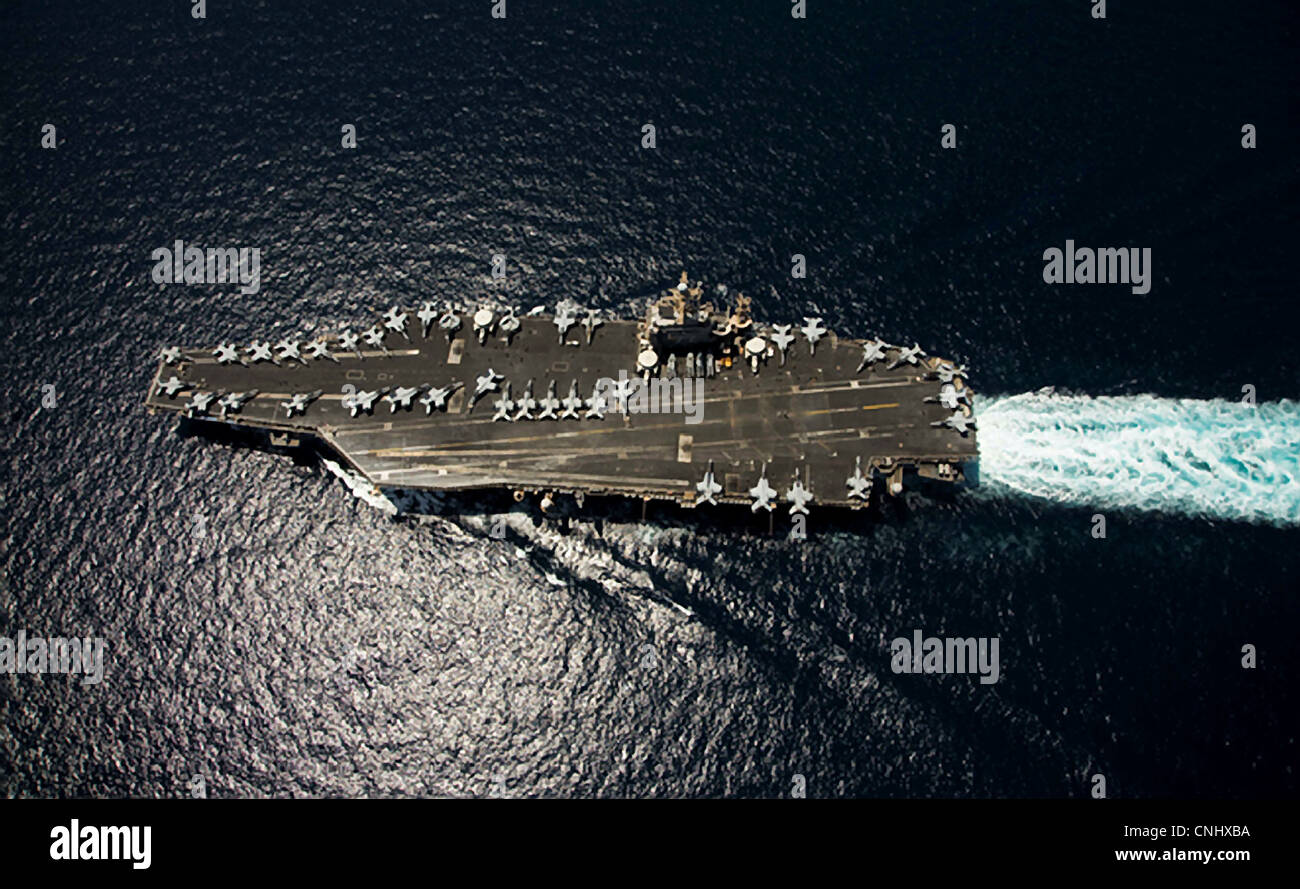 Aerial view of the US aircraft carrier USS Abraham Lincoln operating