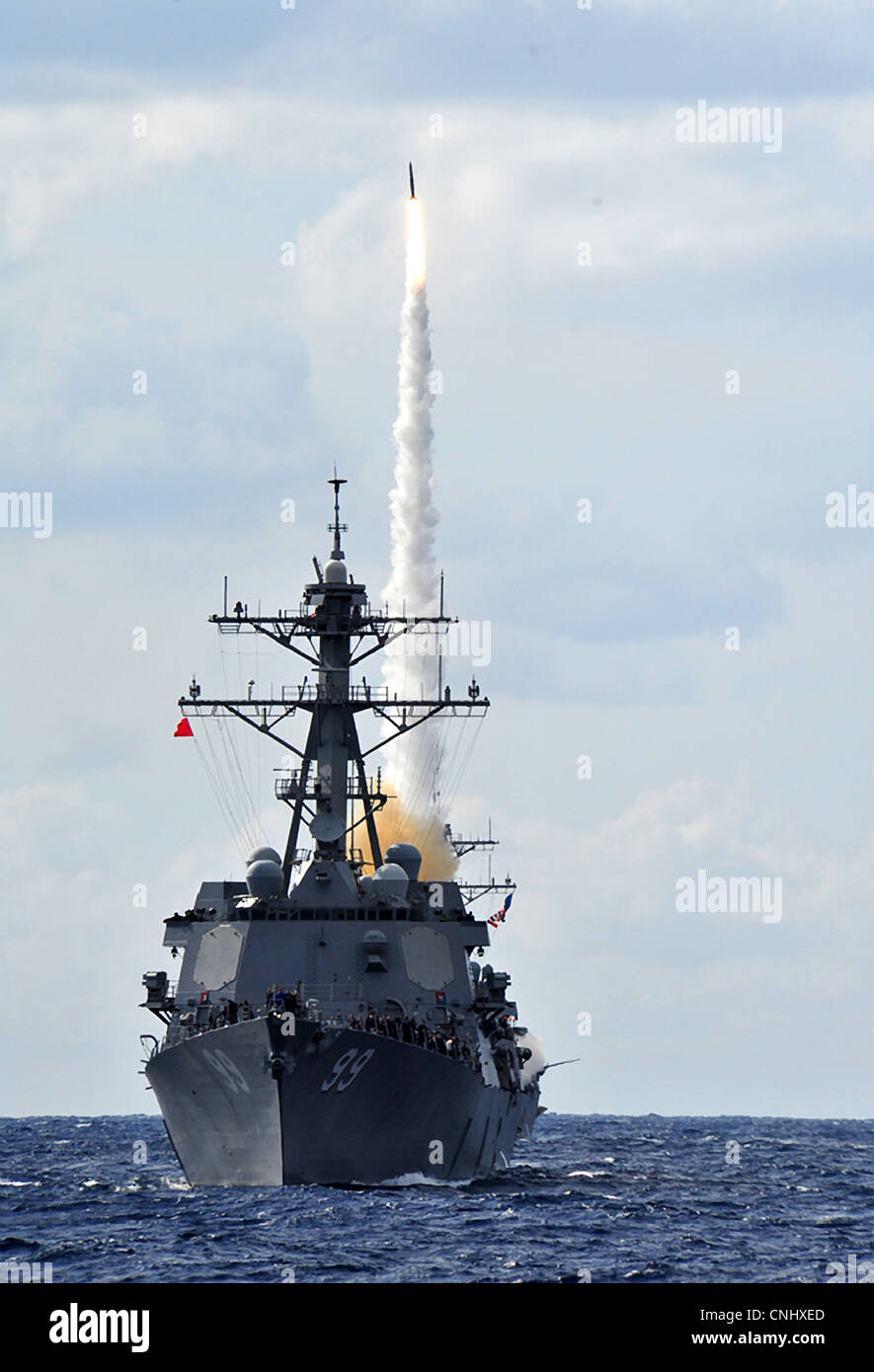 An SM-2 Standard missile launches from the guided missile destroyer USS Oscar Austin during a live-fire exercise March 21, 2012 in the Atlantic Ocean. Stock Photo