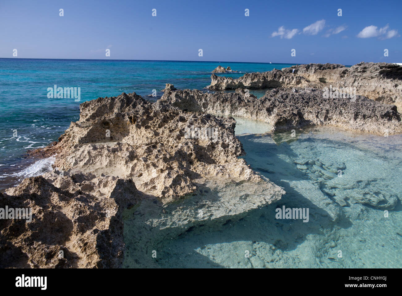 Rocks and Caribbean Sea, Grand Cayman, Cayman Islands Stock Photo
