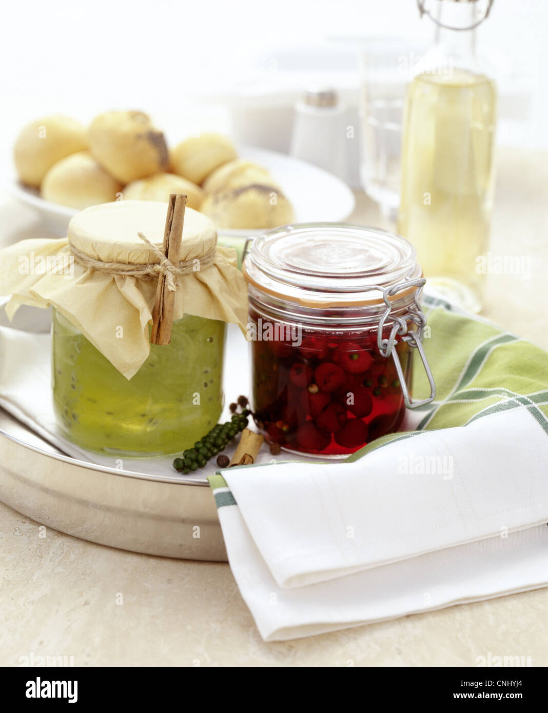 Tableau: Gooseberry marmelade / redwine cherries with green pepper Stock Photo