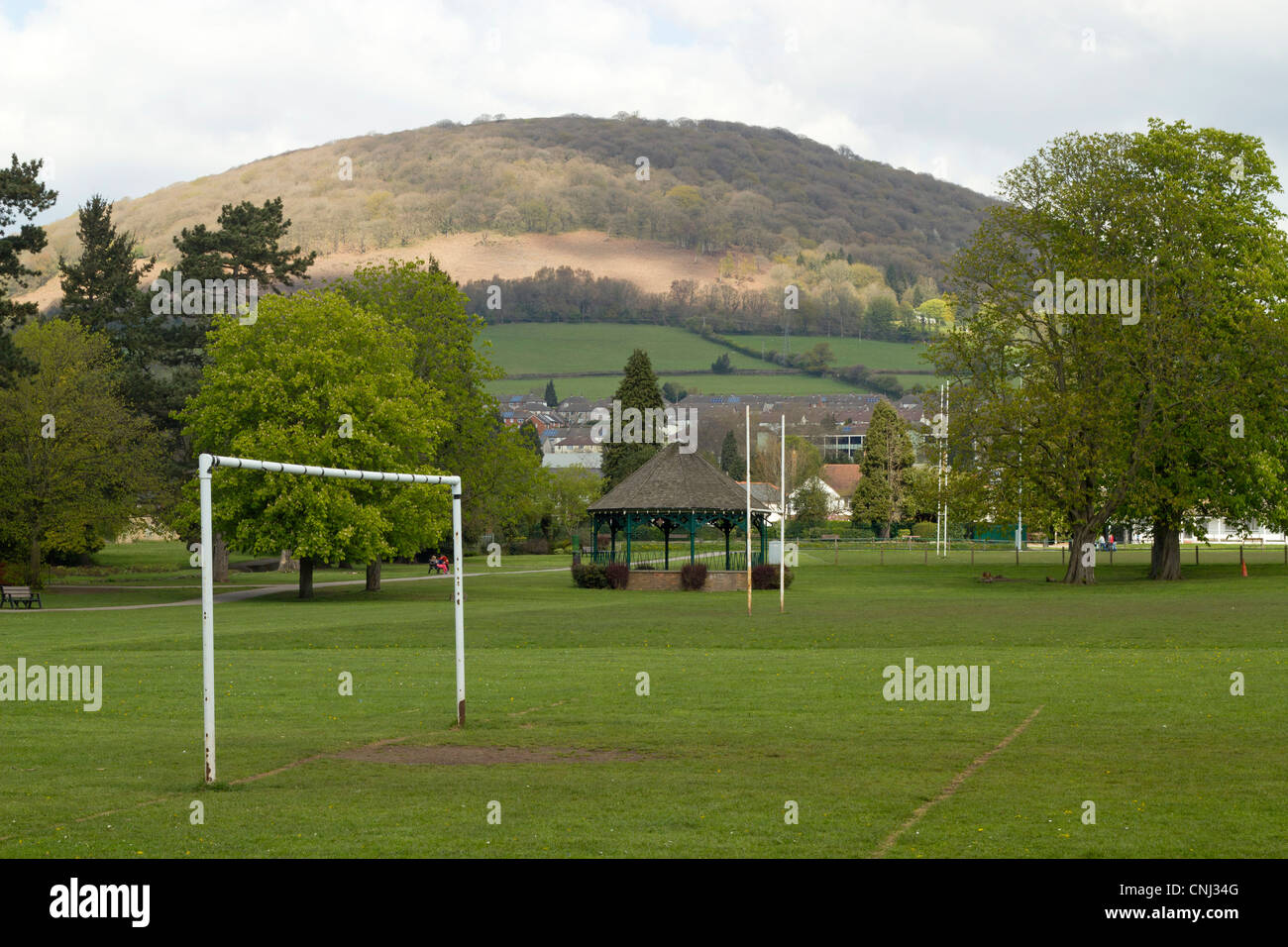 Football and Rugby goal posts in Bailey Park Abergavenny, Wales UK. Stock Photo