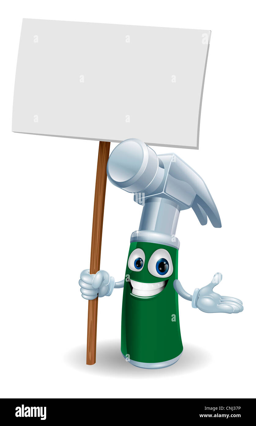 Claw hammer tool cartoon character mascot illustration holding a sign post Stock Photo