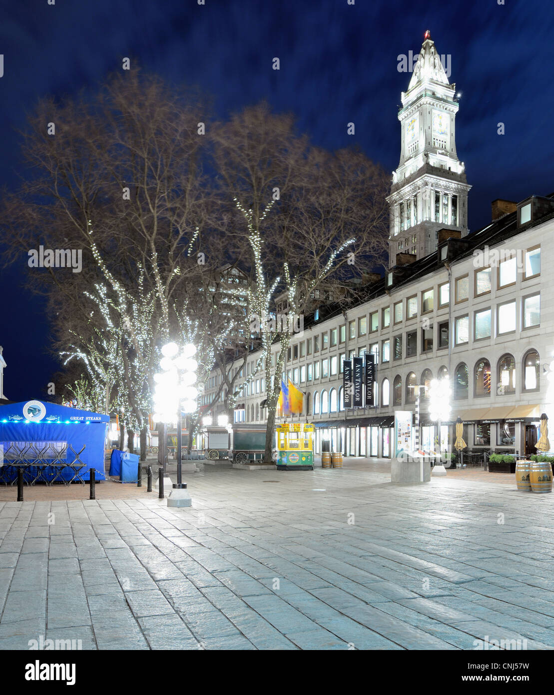 Boston Custom House towers over South Market Street near Quincy Market and Faneuil Hall in Boston, Massachusetts. Stock Photo
