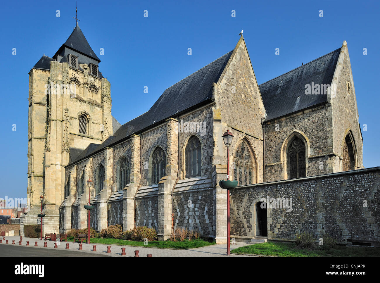 The Saint Jacques church made of flint and sandstone at Le Tréport, Upper Normandy, Seine-Maritime, France Stock Photo