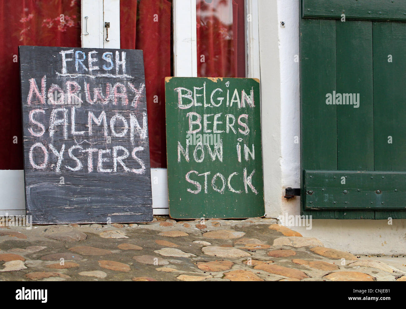 Black board signs outside a restaurant in Church Street in the historic town of Tulbagh in the Boland winelands. Stock Photo