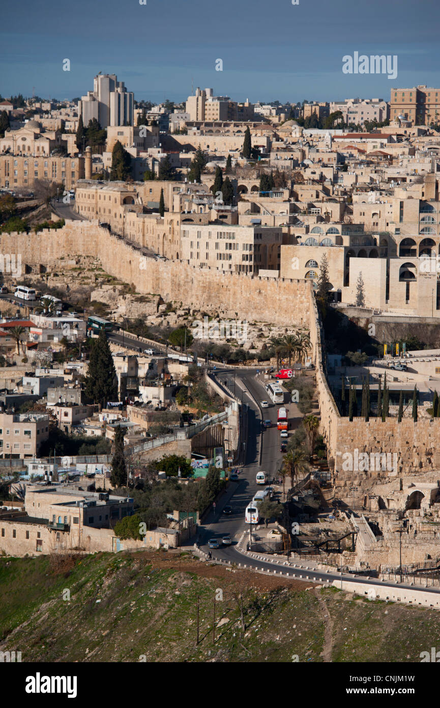 Middle East Israel Old City of Jerusalem from the Mount of Olives - old city walls Stock Photo