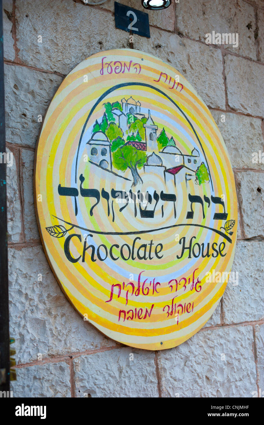 Middle East Israel Jerusalem village of Ein Karem - birthplace of John the Baptist - sign for the Chocolate House Stock Photo