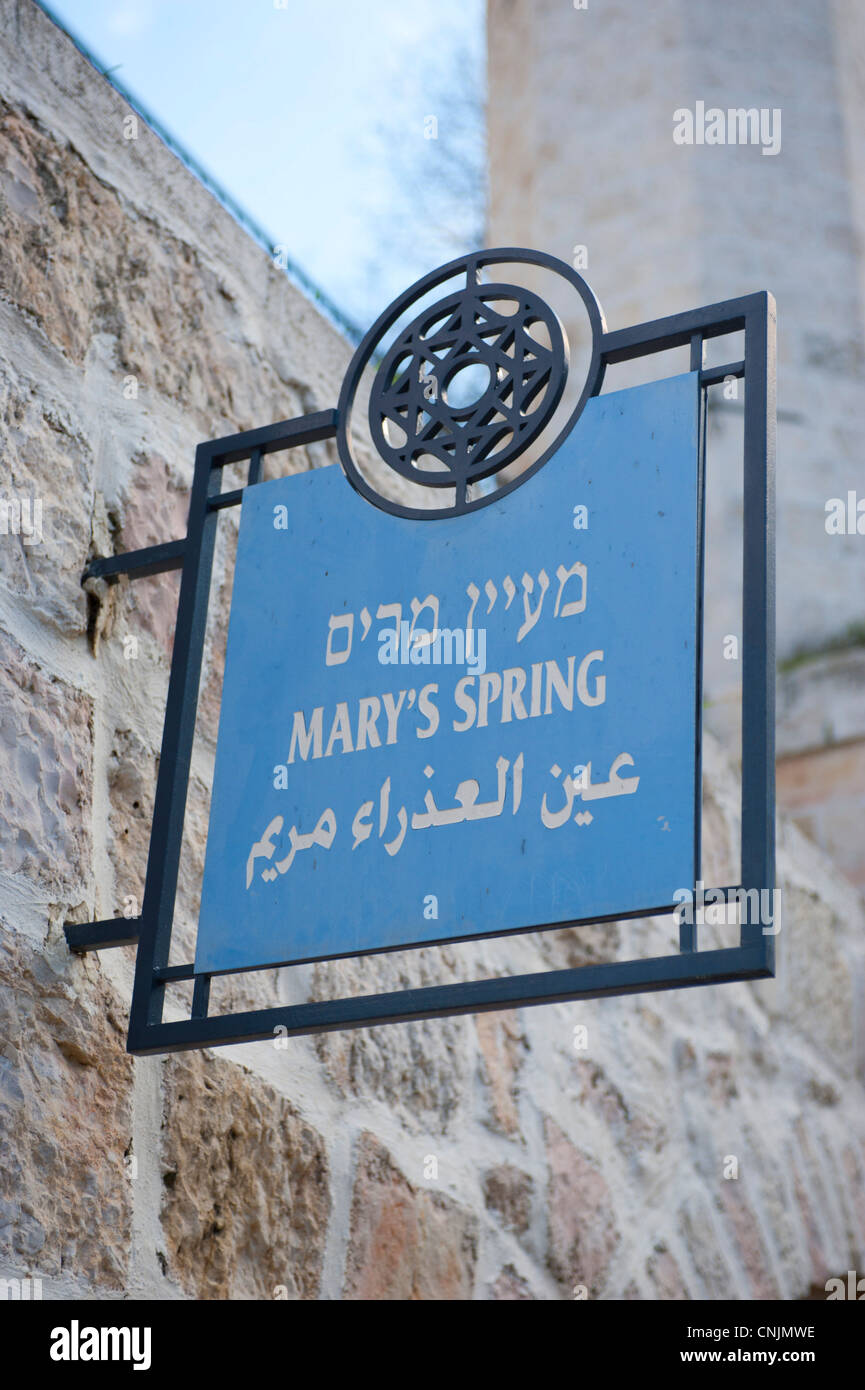 Middle East Israel Jerusalem village of Ein Karem - birthplace of John the Baptist - sign for Mary's Spring - Virgin Mary Stock Photo