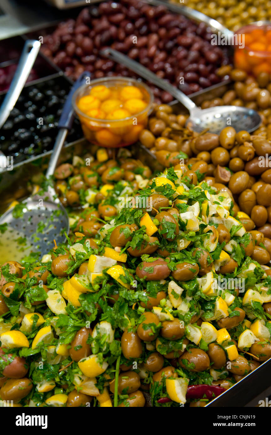 Middle East Israel Jerusalem mehane Yehuda market olive bar Stock Photo