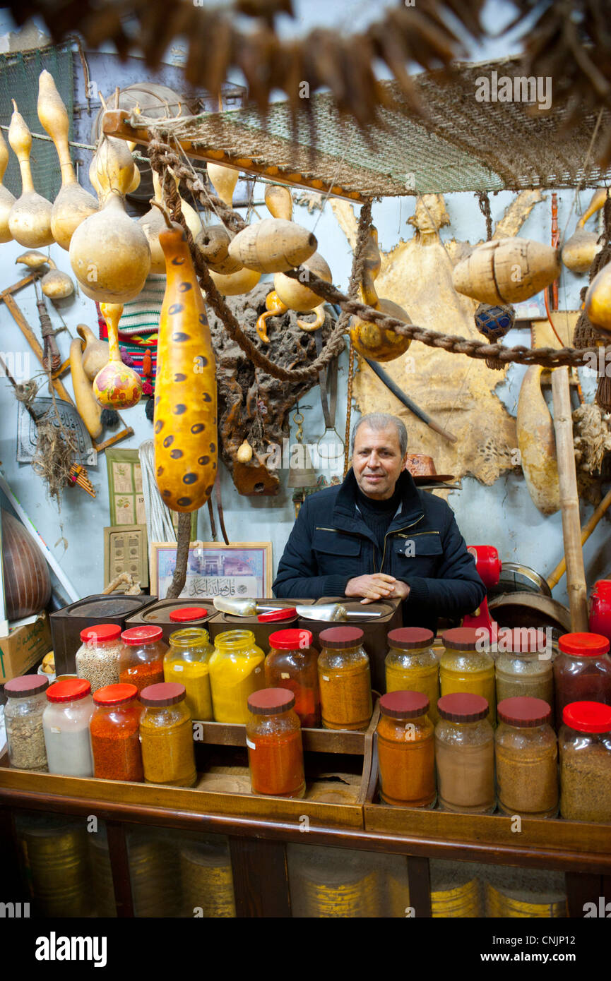 Middle East Israel Akko (Acre) - Spice shop in the souk - owner Kurdi Hamudi tends to his small but well stocked shop of spices Stock Photo