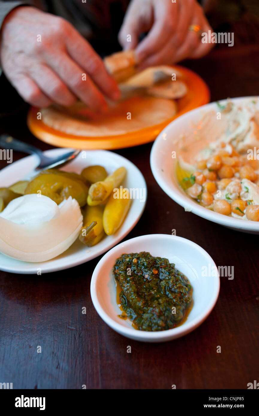 Middle East Israel Jerusalem hummus and pita with a hot dipping sauce