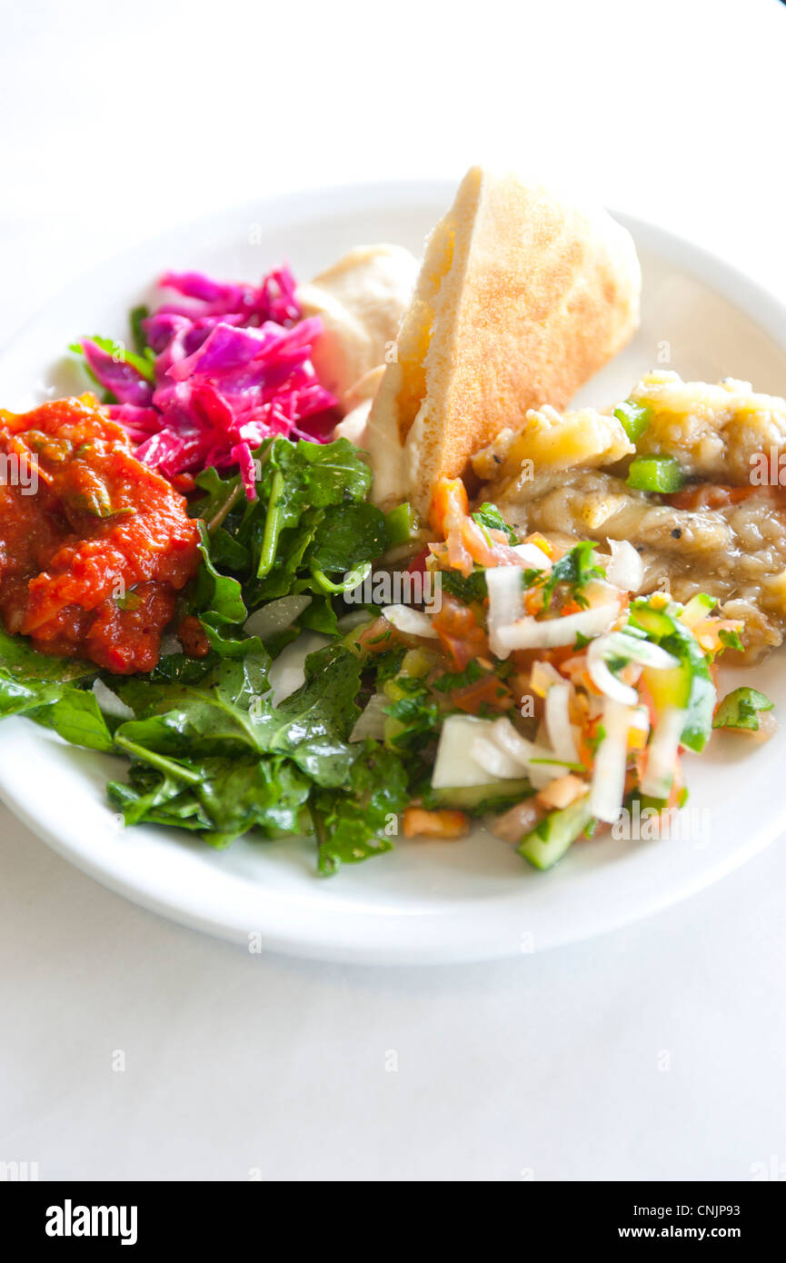 Middle East Israel Israeli food pita hummus salads Stock Photo