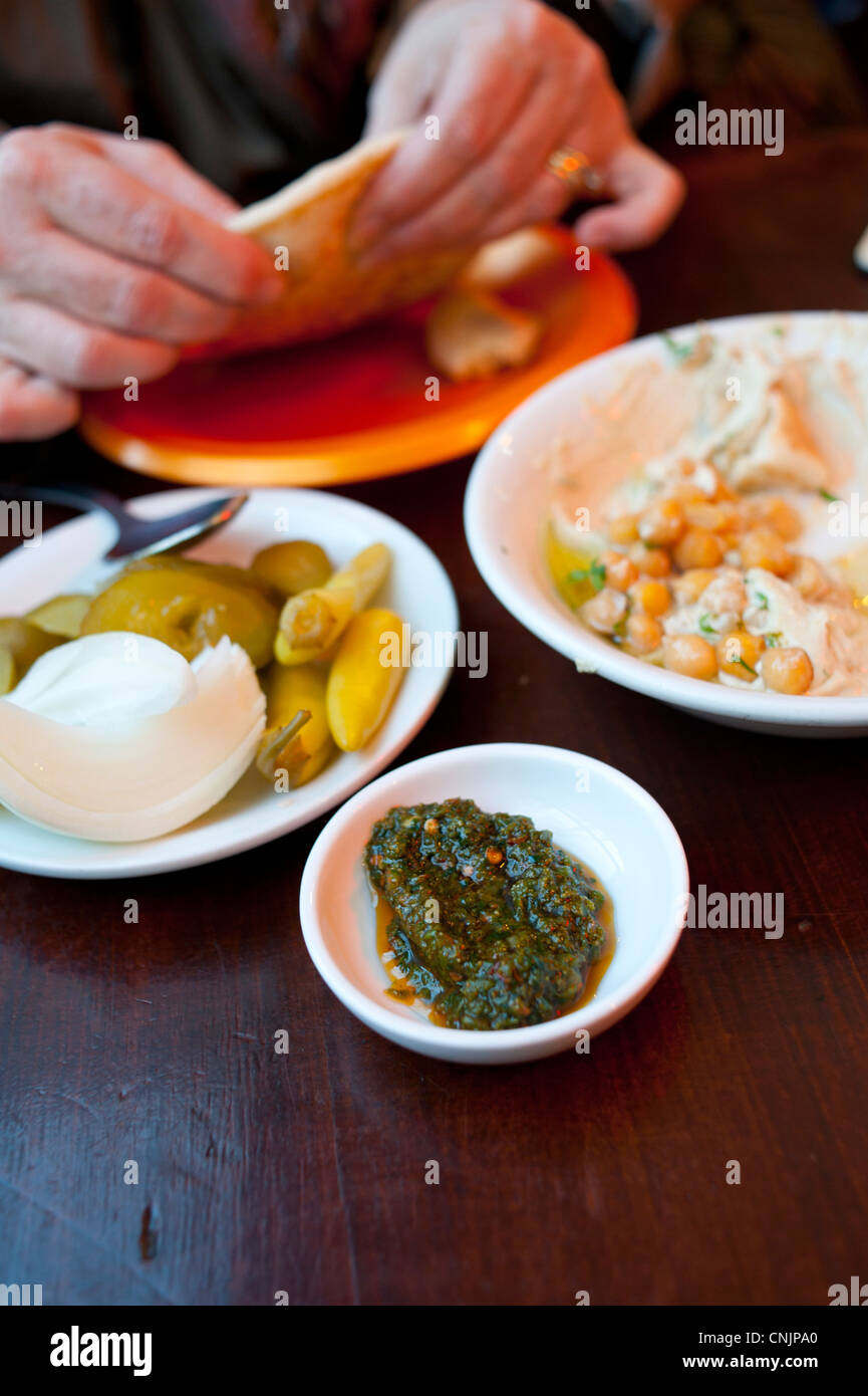 Middle East Israel Jerusalem hummus and pita with a hot dipping sauce
