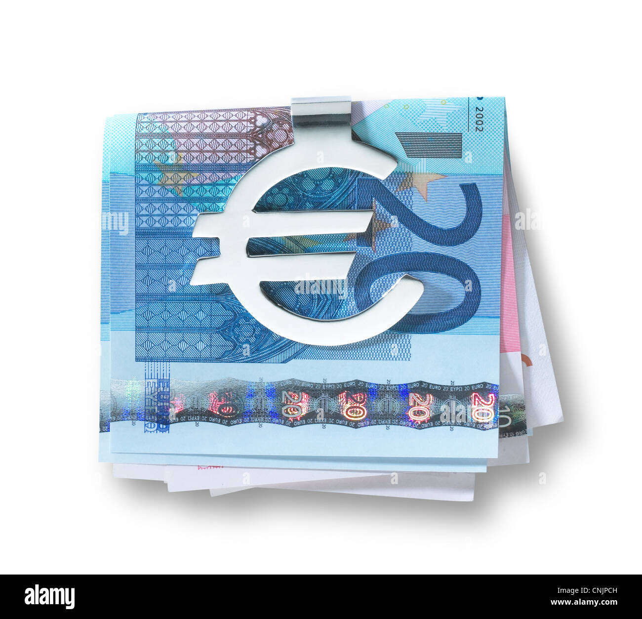 a silver euro money clip and folded euros with clipping path Stock Photo