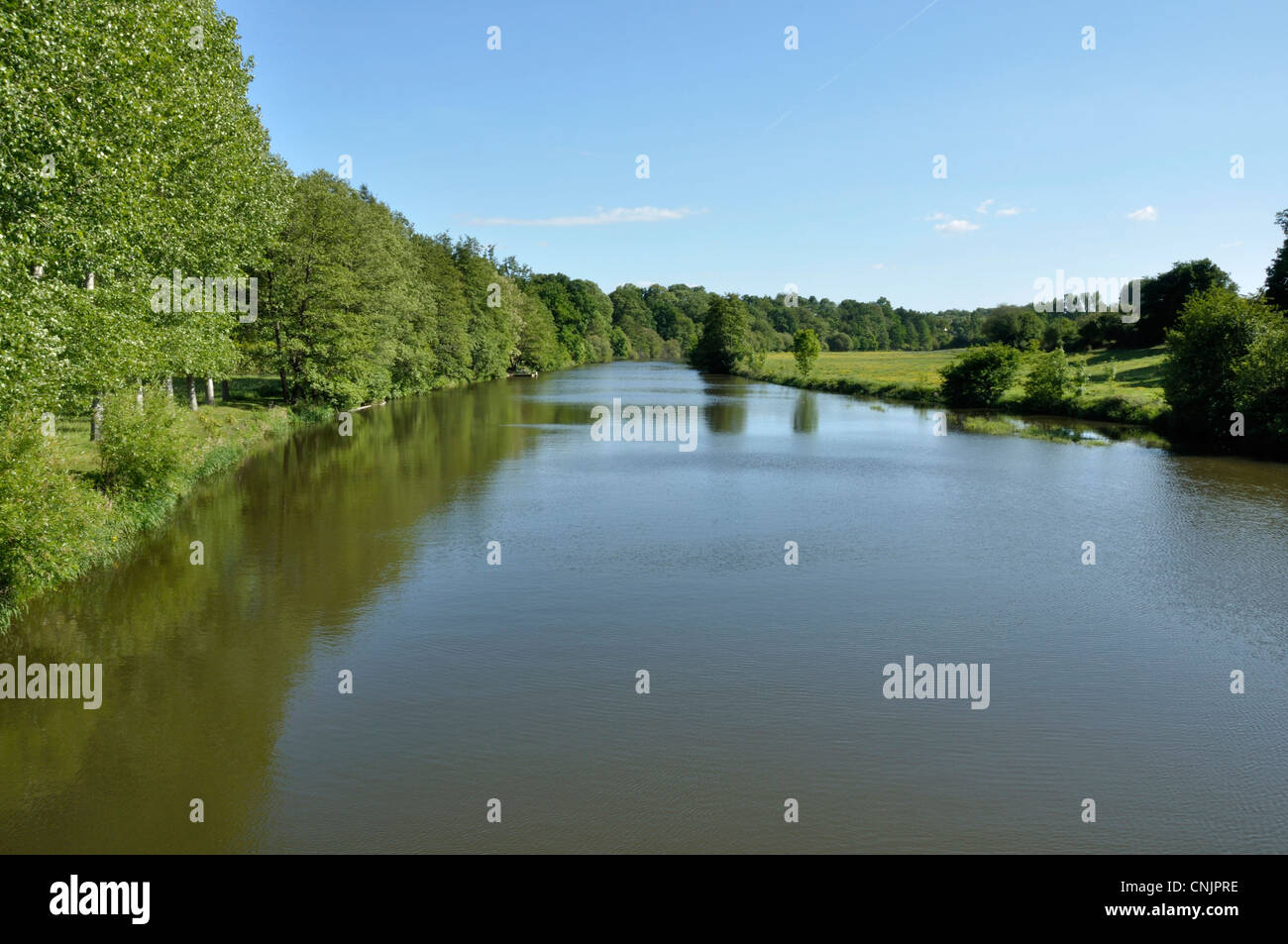 River lined with trees : 'La Mayenne', in spring (Mayenne department, Loire country, France). Stock Photo