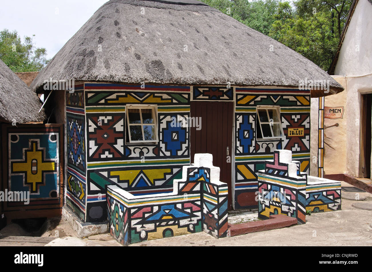 Colourful Ndebele dwelling, Lesedi African Cultural Village, Broederstroom, Johannesburg, Gauteng, Republic of South Africa Stock Photo