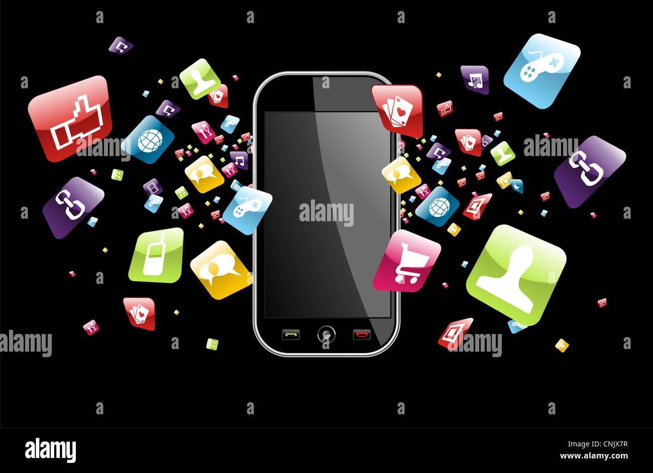 Iphone application icons splash out of phone on black background. Vector file layered for easy manipulation and customisation. Stock Photo