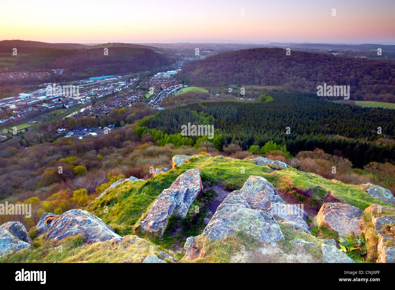 View from Garth mountain over Taffs Well and Cardiff, South Wales, early morning. Stock Photo