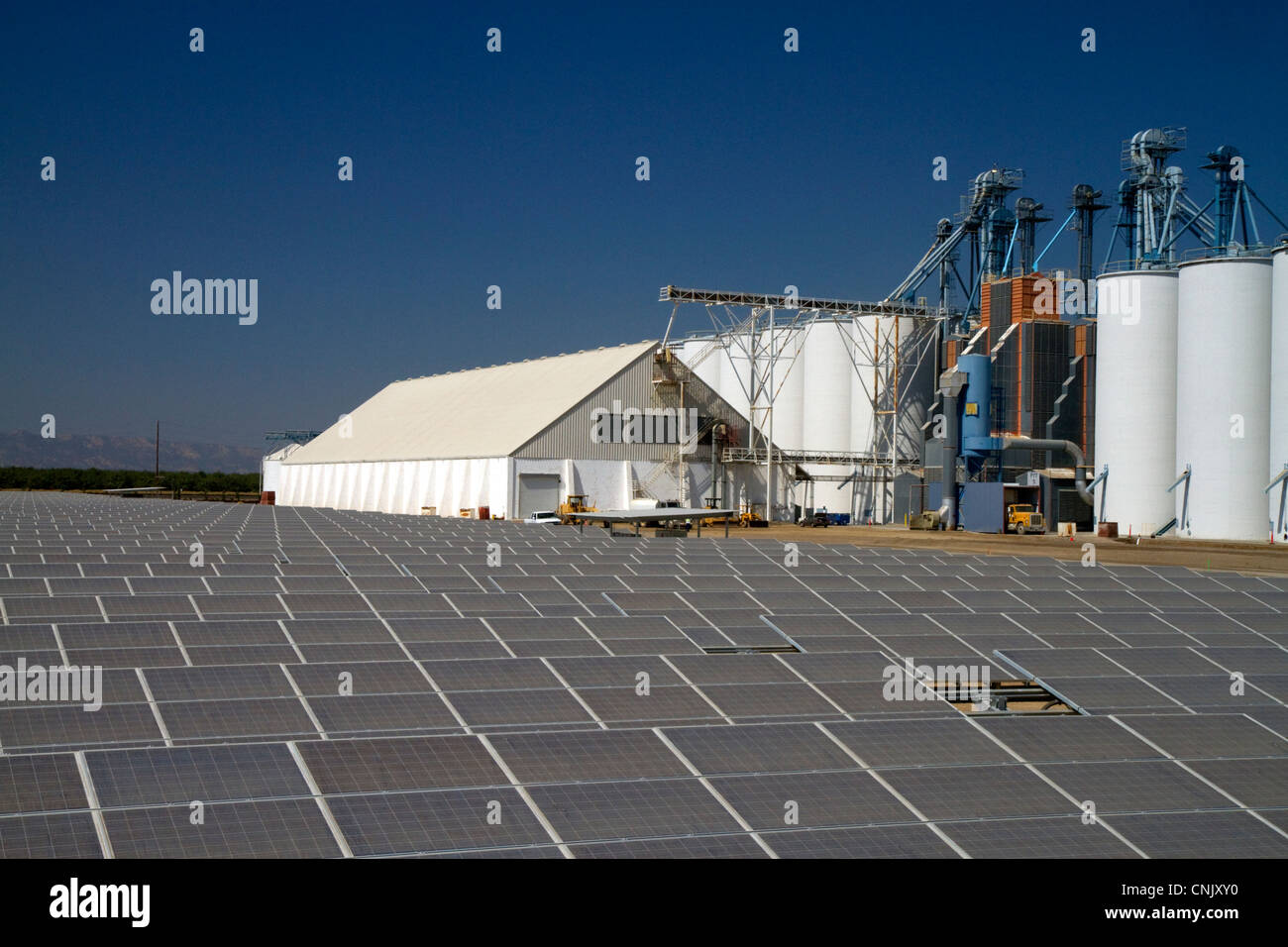 Solar panels create energy used for powering the rice dryer at California Family Foods in Arbuckle, California, USA. Stock Photo
