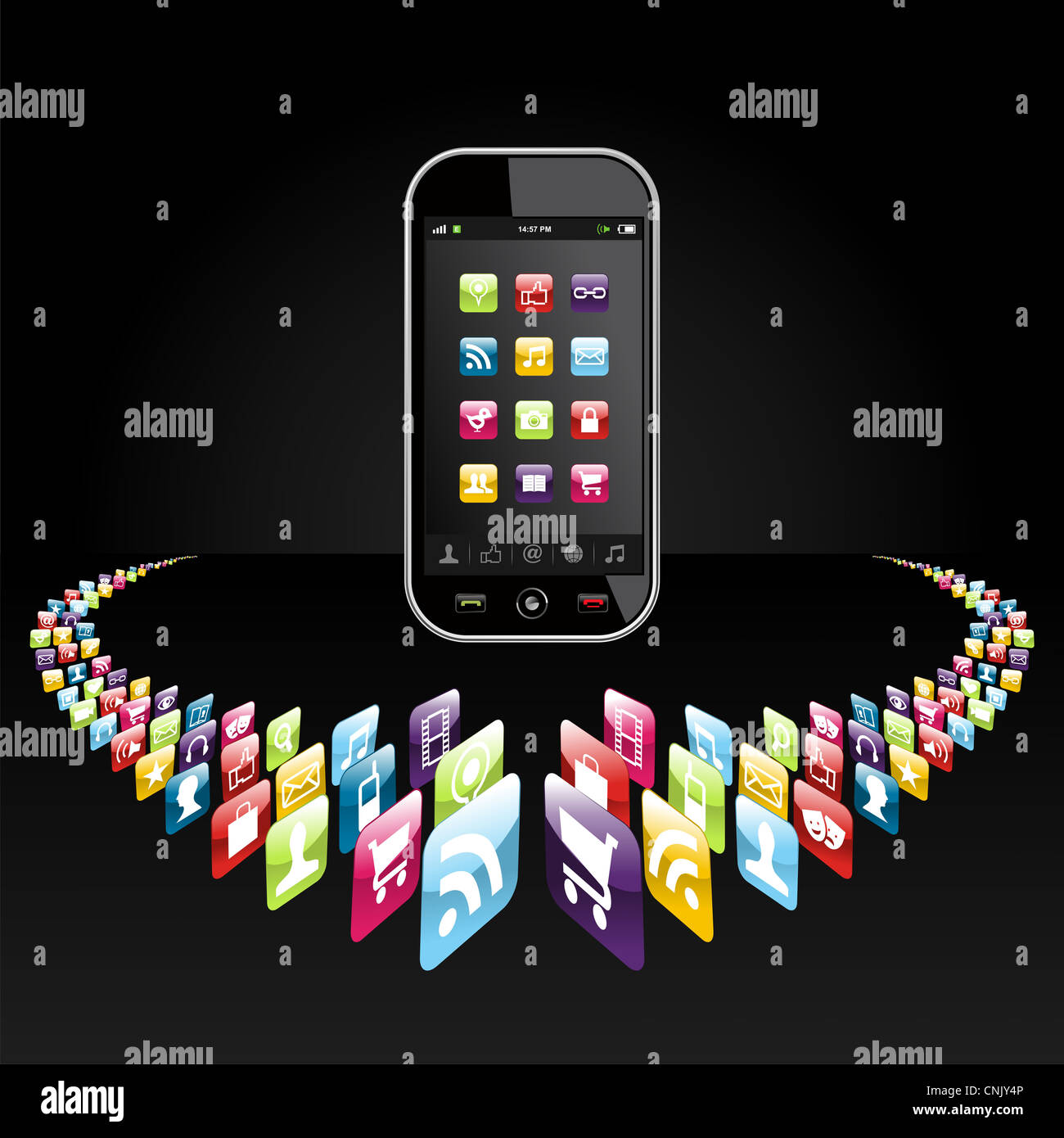 Application icons for mobile device in circle on black background. Vector file layered for easy manipulation and customisation. Stock Photo