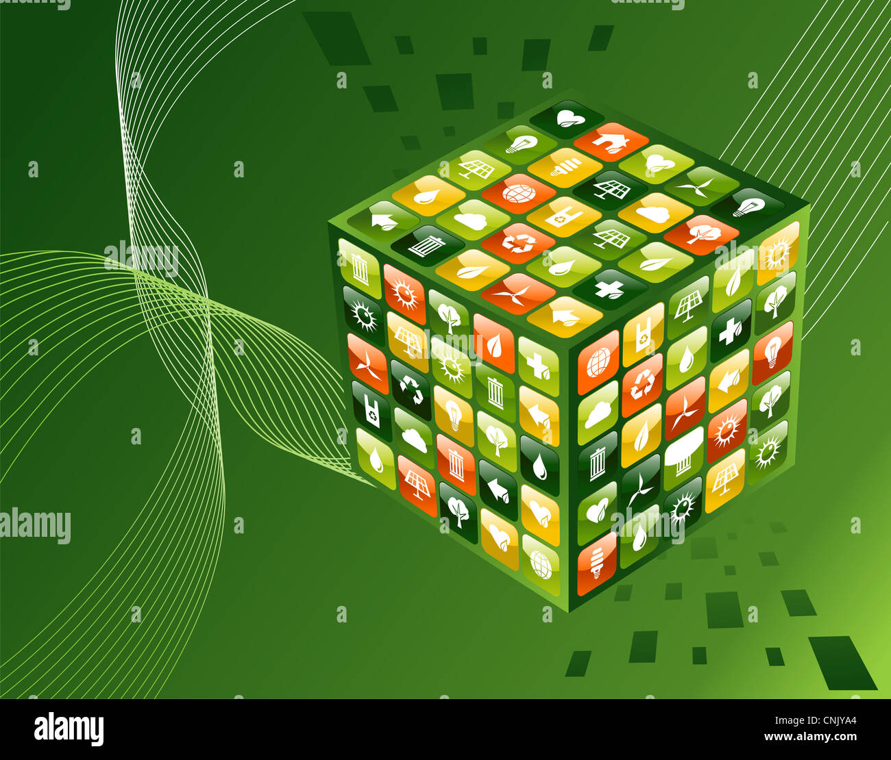 Eco friendly iphone app cube with icon set background. Vector file available. Stock Photo