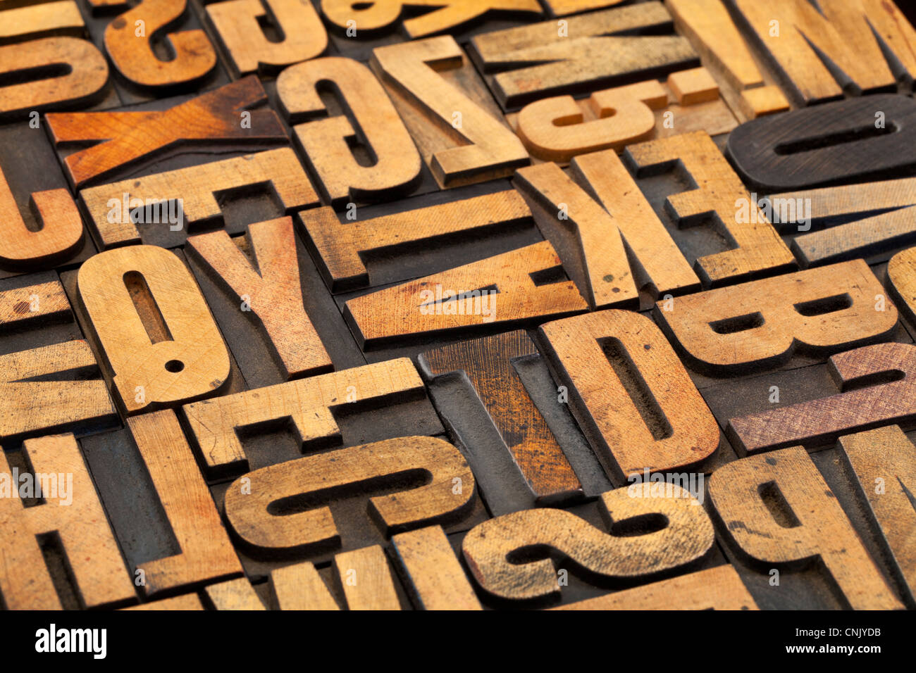 alphabet abstract in vintage letterpress wood type with ink patina Stock Photo