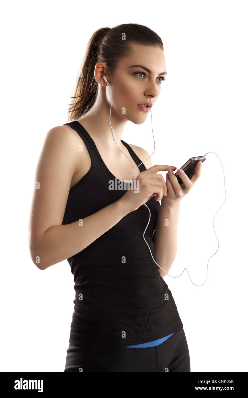 Beautiful young woman tracking her calorie after exercise withher