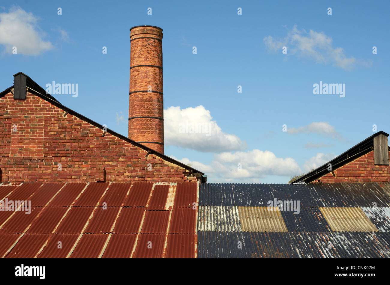 Edwardian industrial buildings, Bursledon Brickworks Industrial Museum, Hampshire, England, brick construction & some tin roofs. Stock Photo