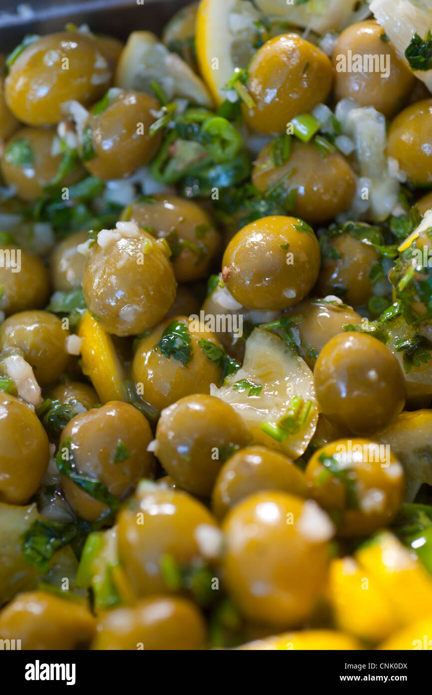 Middle East Israel green olive salad with lemon Stock Photo