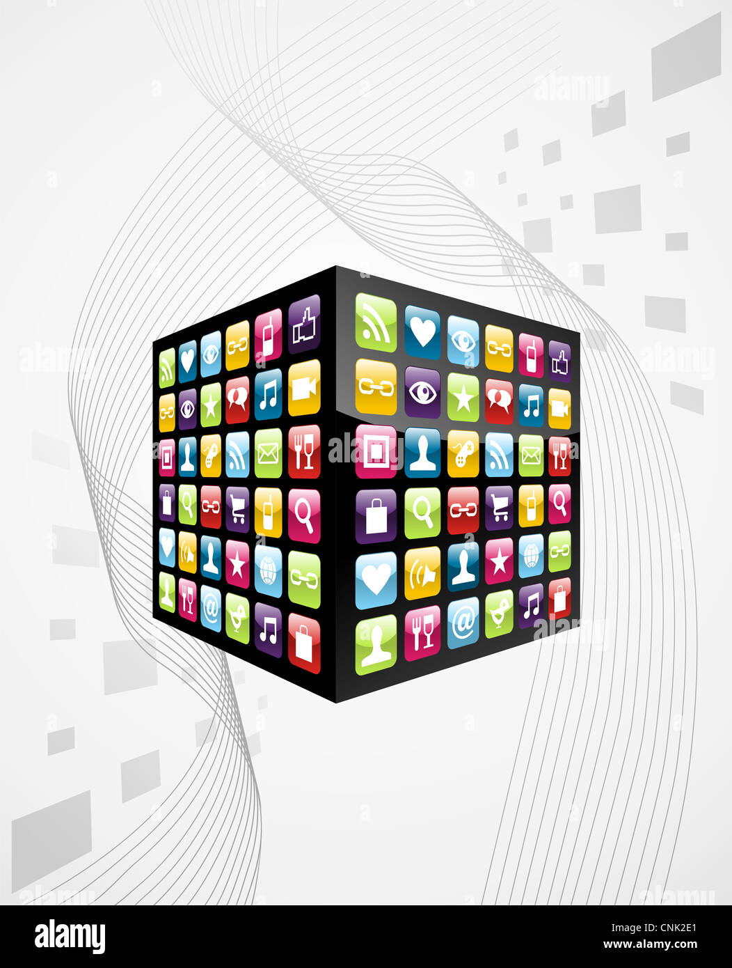 Iphone application icons in cube shape on grey background. Vector file layered for easy manipulation and customisation. Stock Photo