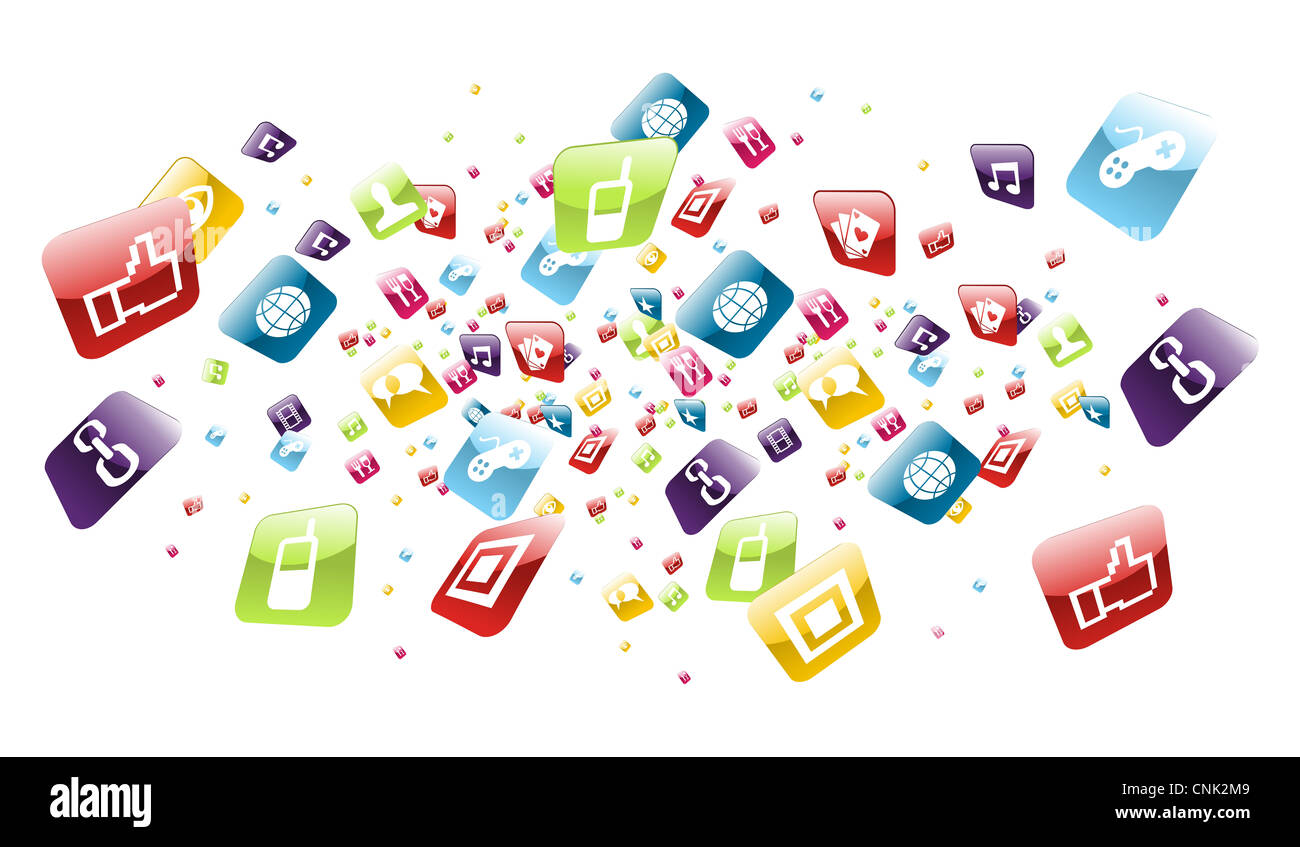 Iphone application icons explotion on white background. Vector file layered for easy manipulation and customisation. Stock Photo