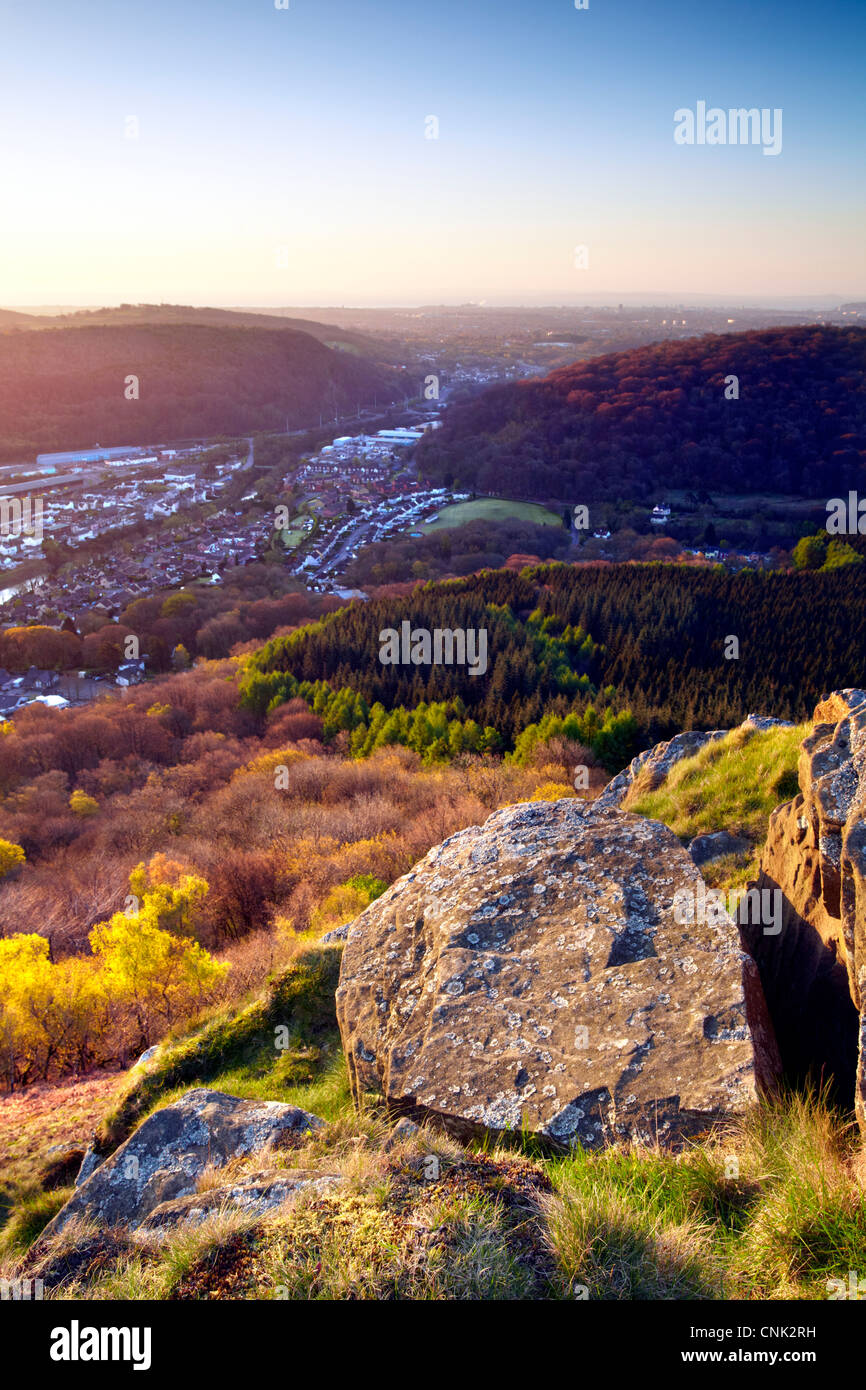 View from Garth mountain over Taffs Well and Cardiff, South Wales, early morning. Stock Photo