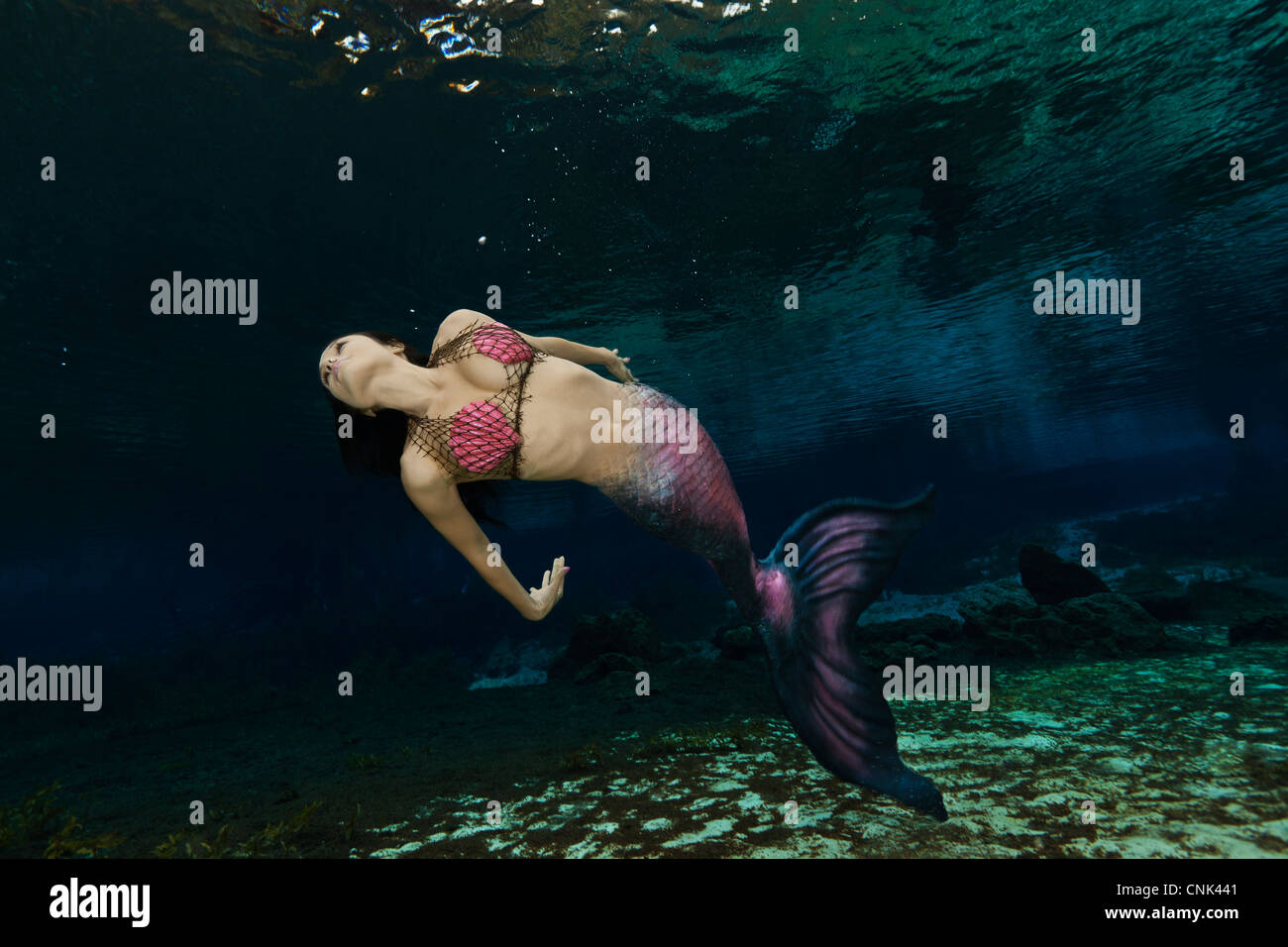 Young mermaid swimming underwater in the Rainbow River in Florida Stock Photo