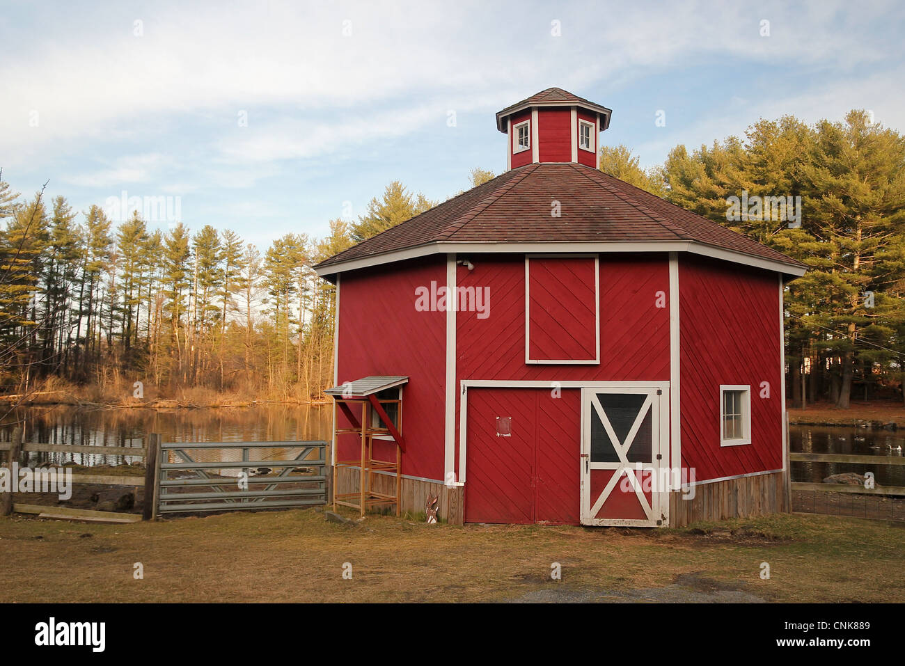 A barn near a small pond in Colrain, Massachusetts Stock Photo