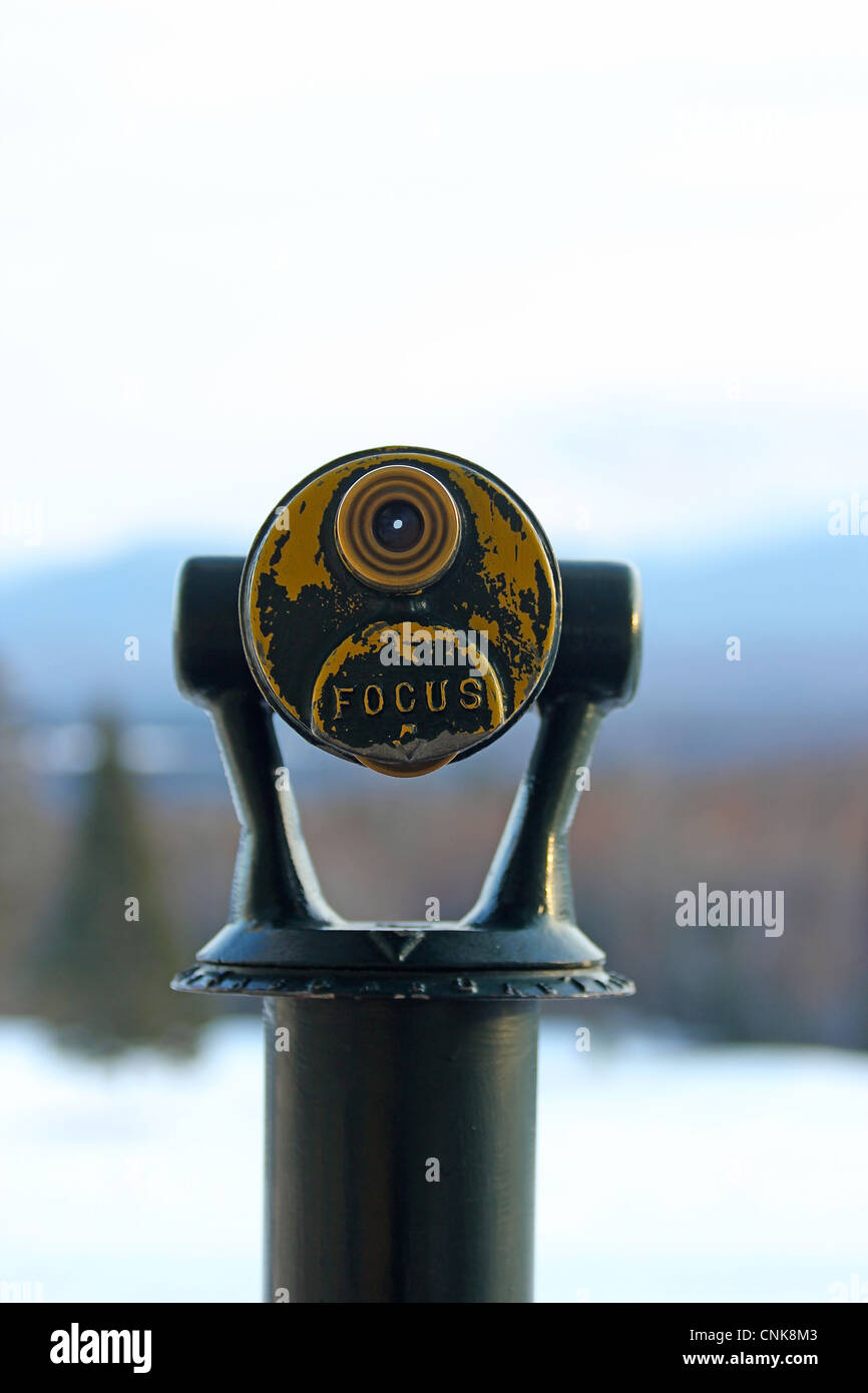 Telescope on the front porch of the Mountain View Grand Resort and Spa, Whitefield, New Hampshire Stock Photo