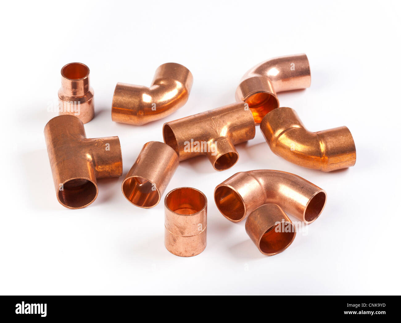 copper metal pipe connectors / fittings Stock Photo
