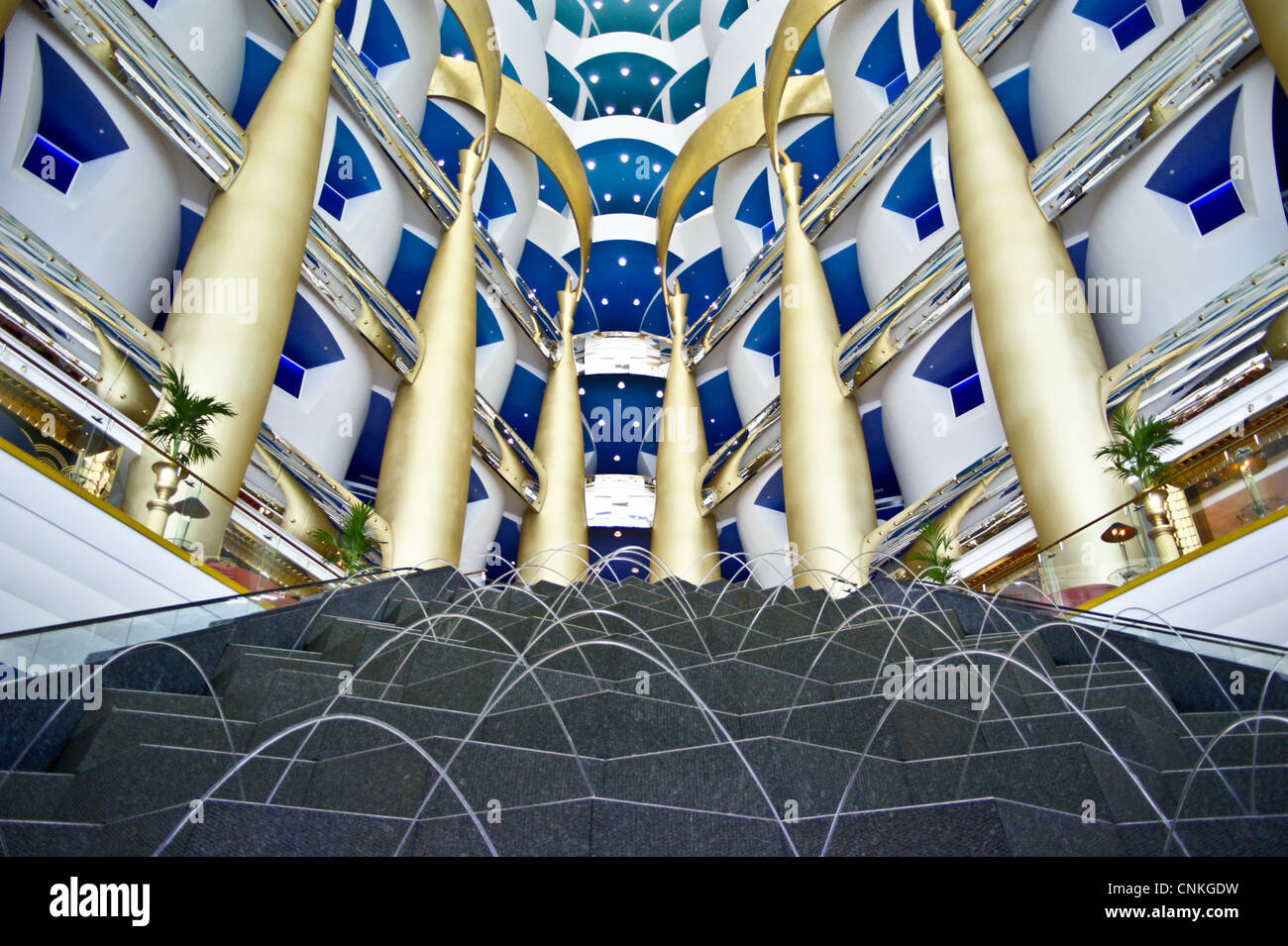 Interior lobby, Burj Al Arab Hotel, Jumeirah, Dubai, United Arab Emirates, decorated with gold leaf Stock Photo