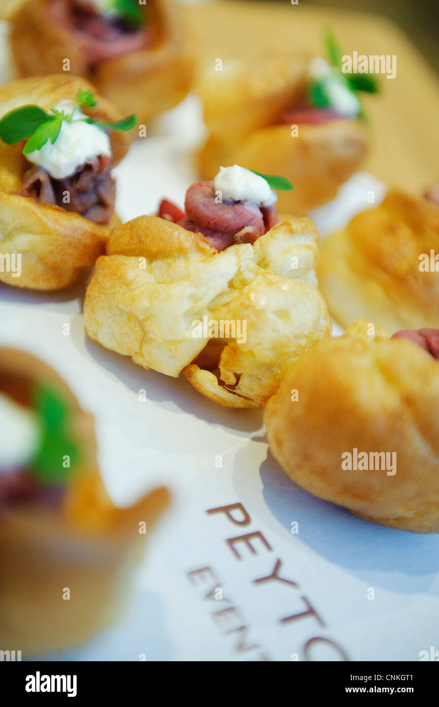 close-up cropped tray of Hors d'oeuvres with pastry Stock Photo