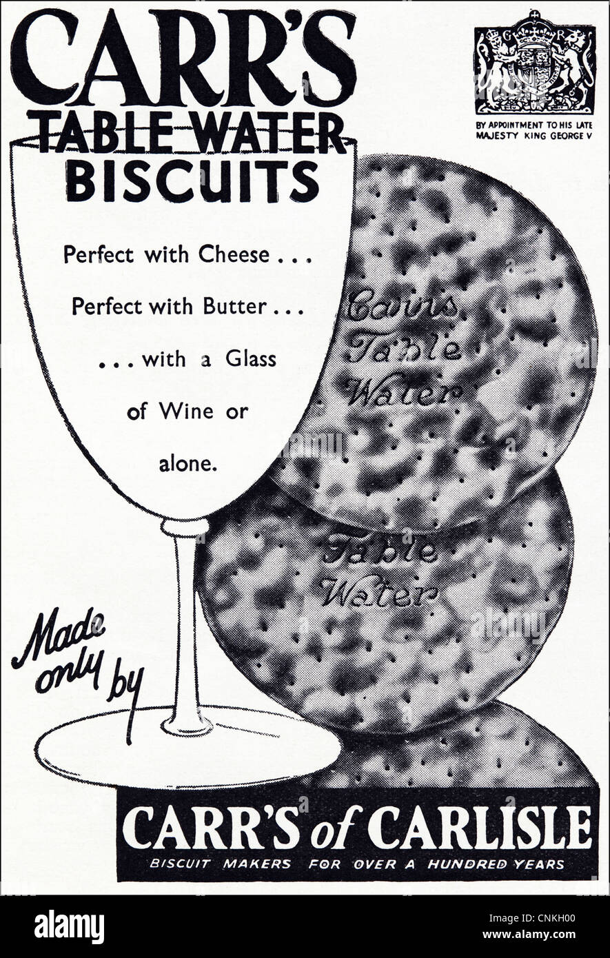 Original 1930s vintage advert in consumer magazine, advertisement advertising CARR'S TABLE WATER BISCUITS by Royal Appointment Stock Photo