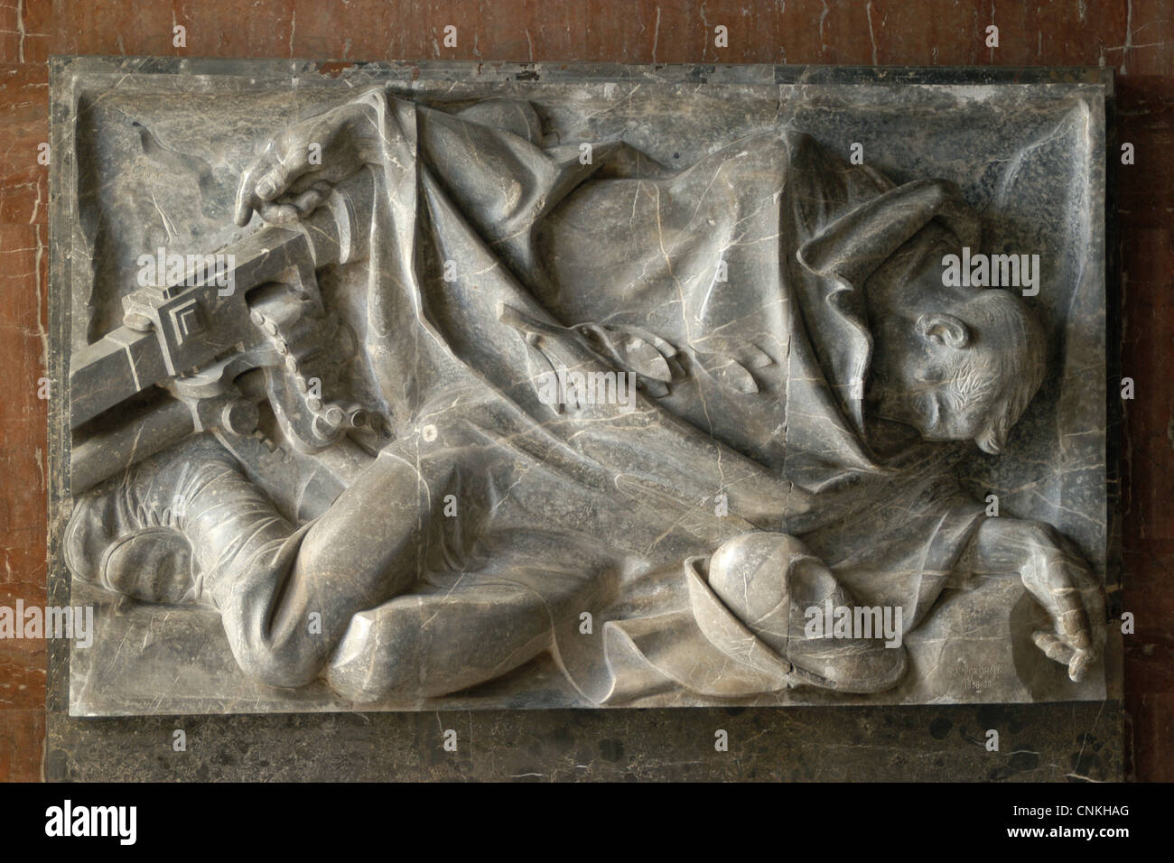 The Fallen Czechoslovak Legionary. Relief in the National Monument in Vitkov in Prague, Czech Republic. Four relieves by Czech sculptor Karel Pokorny are installed in the main hall of the monument. The photo was taken in September 2003 before the last reconstruction of the National Monument for the exhibition place of the National Museum. Stock Photo