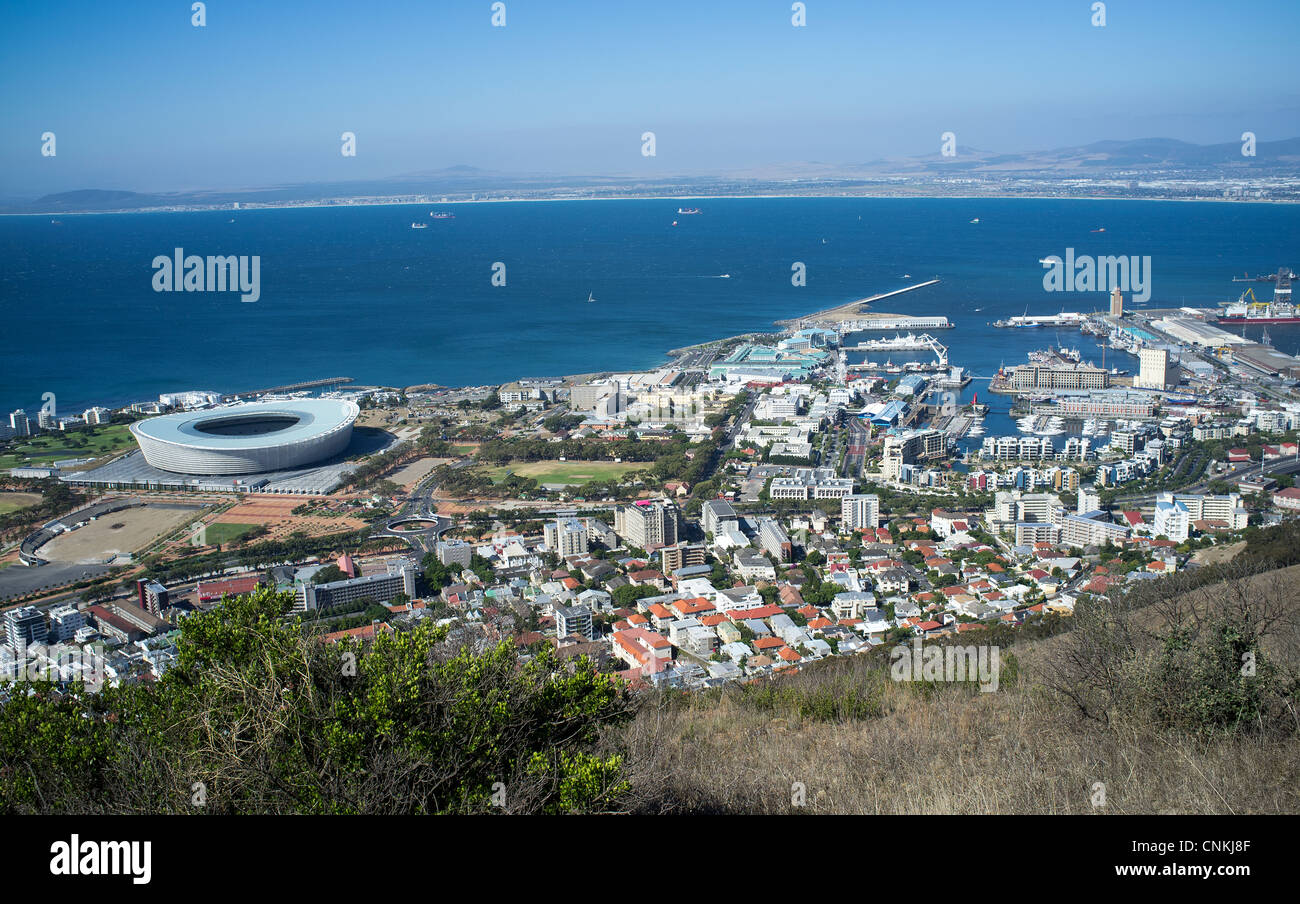 View of Cape Town V&A Waterfront and the sports stadium seen from