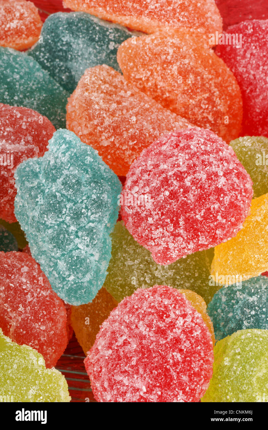Assorted shaped and flavored fruit jellies background Stock Photo Alamy