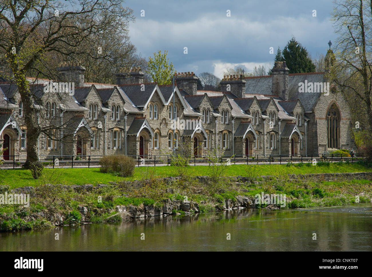 Sleddall Almshouses, on Aynam Road, Kendal, and River Kent, Cumbria