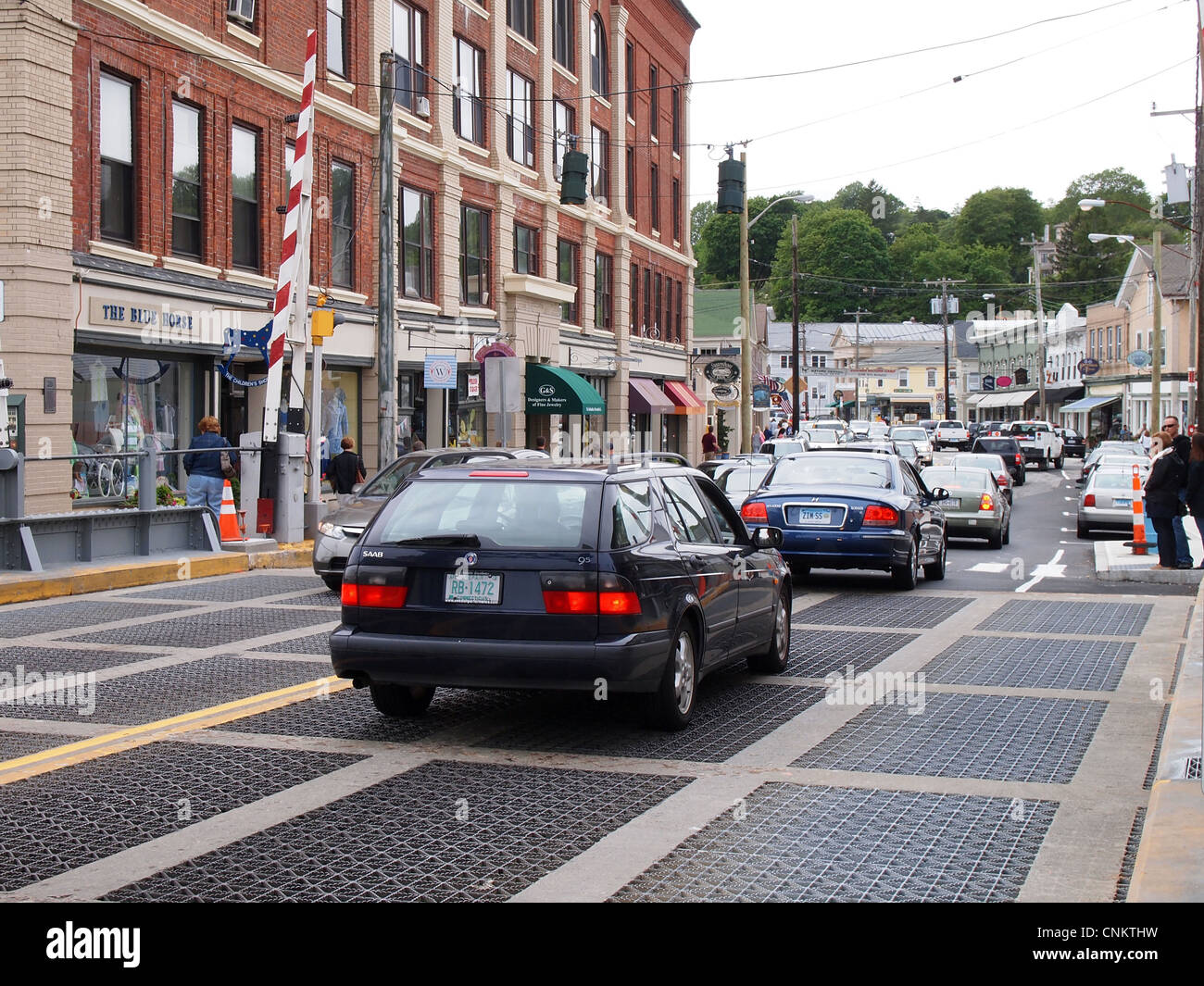 Traffic along West Main Street in Mystic, Connecticut, USA, June 12