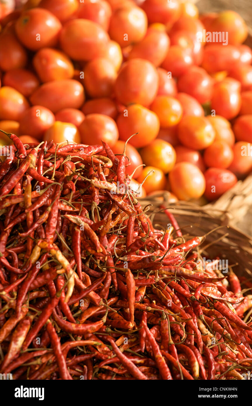 Chilli and tomatoes. Market stall. Stock Photo