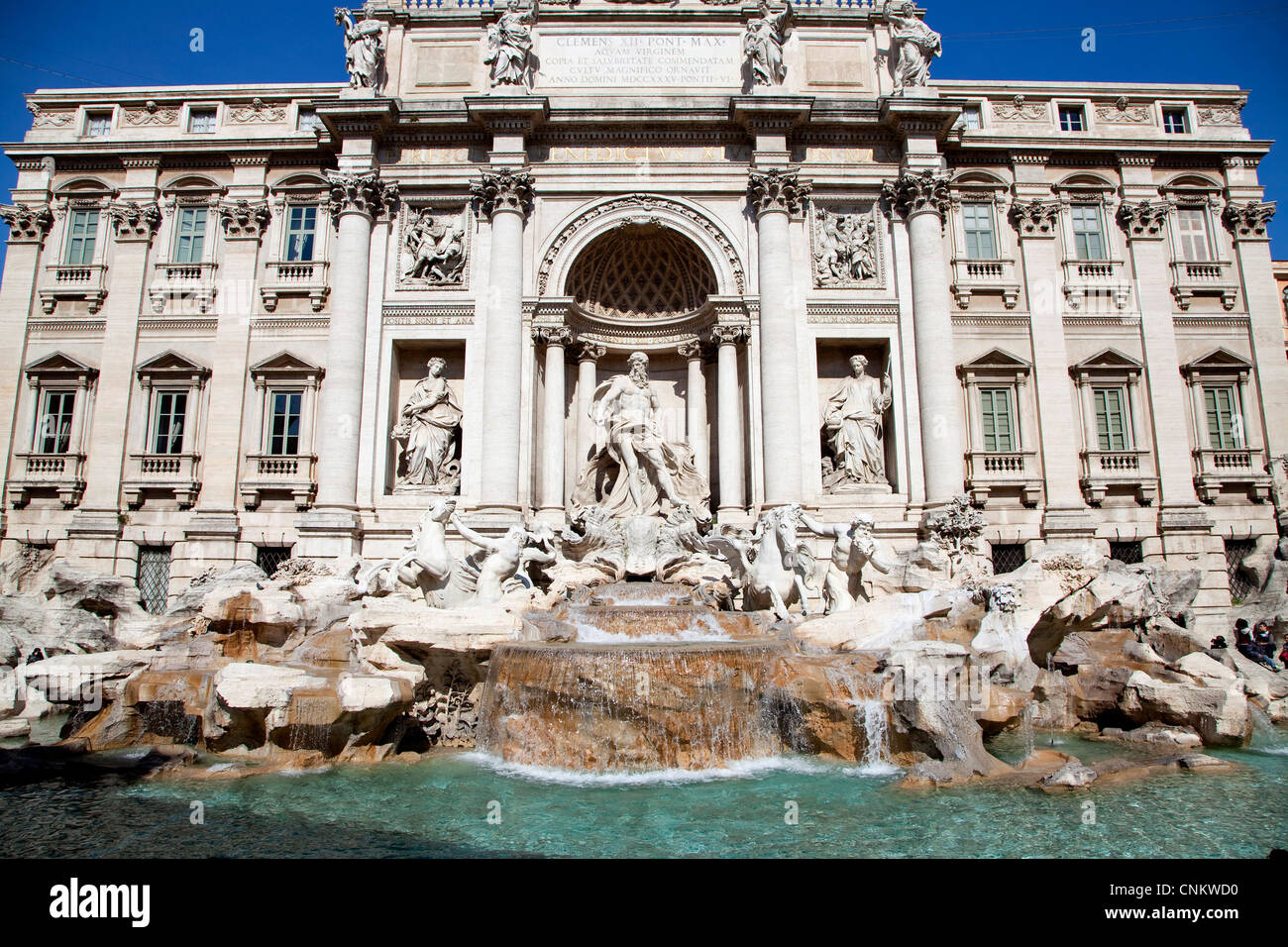 City view of Rome, Italy with old buildings, monuments, art and tourists. Roma, Italia, Europe. Trevi Fountain, Fontana di Trevi Stock Photo