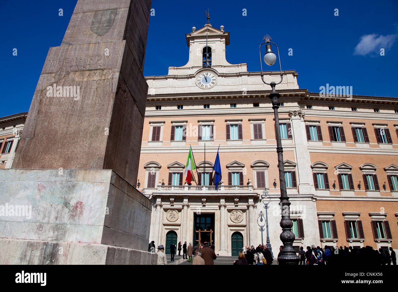 City view of Rome, Italy with old buildings, monuments, art. Palazzo Montecitorio, the seat of the Italian Chamber of Deputies Stock Photo