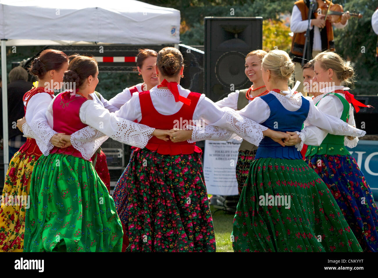 Polish Highlanders folk dancers perform at the Trailing of the Sheep Festival in Hailey, Idaho, USA. Stock Photo